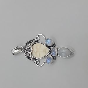 Solid 925 Sterling Silver Carved Goddess Face Rainbow Moonstone Gemstone Pendant